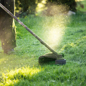 Mowing the grass with a lawn mower. Garden work concept background.